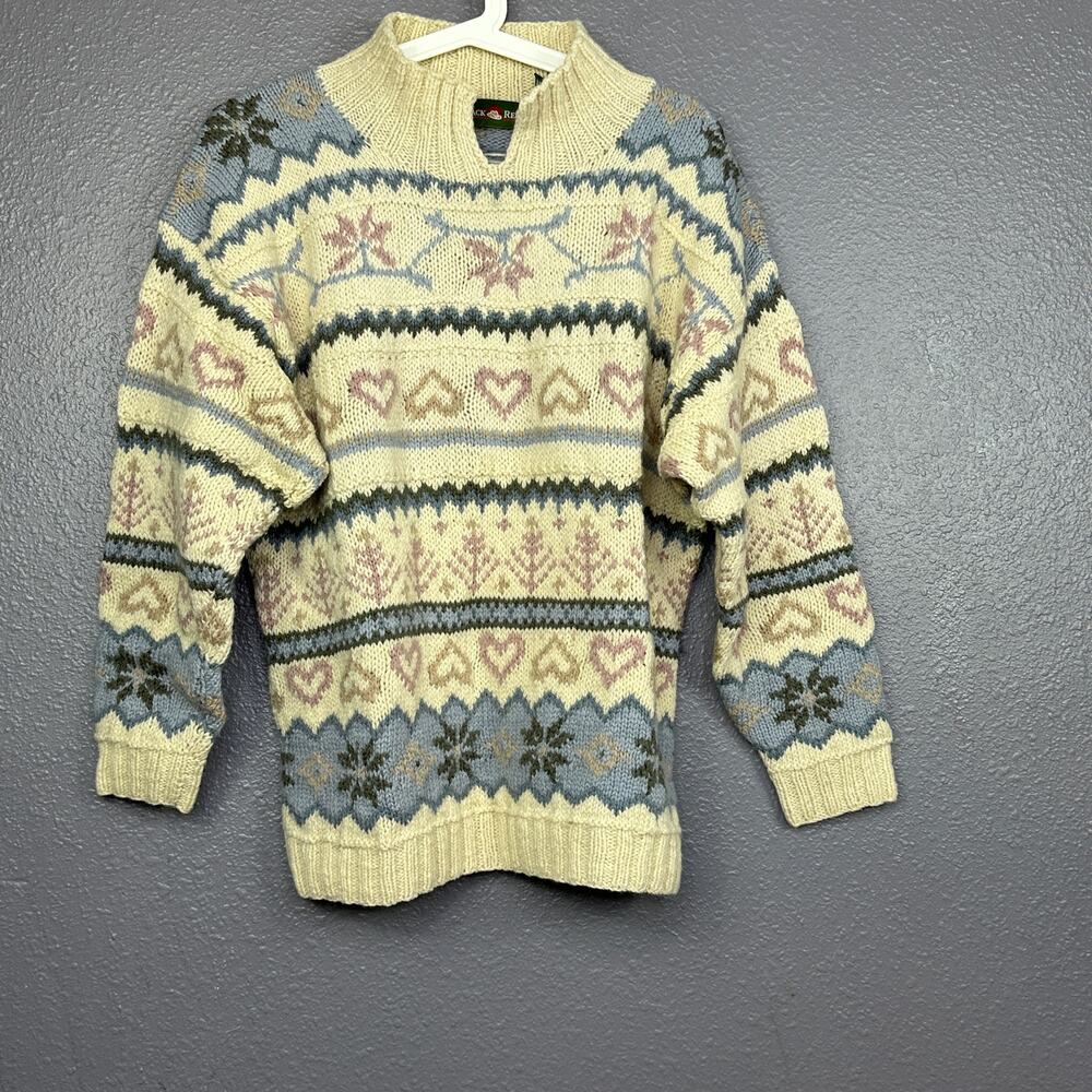 Outback Red Wool Sweater Womens M Heart Floral Nordic Fair Isle Jumper Collared